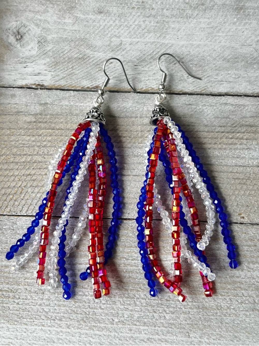 Patriotic Multi-Strand Beaded Tassel Earrings - Red, Blue & Clear, 3 inches long